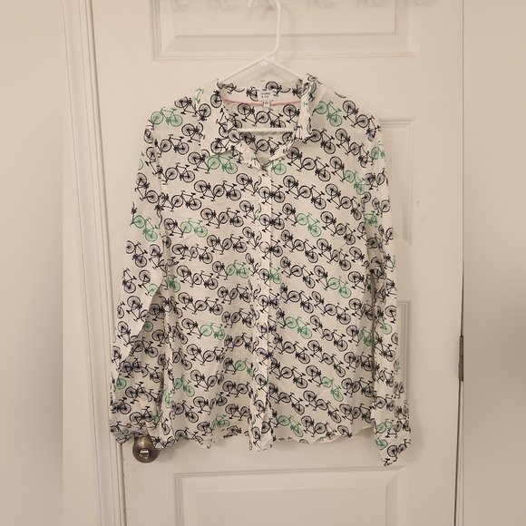 Tops - Crown & Ivy Women's Size XL Cotton Button Up Shirt White Bike Bicycles Top #958
